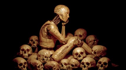 A mechanical figure sits amidst a collection of skulls.