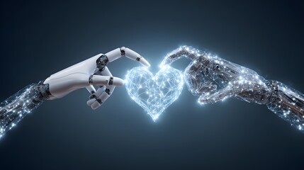 Robotic hands holding a heart-shaped form.