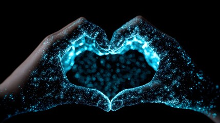 Two hands forming a heart shape, outlined by glowing particles.