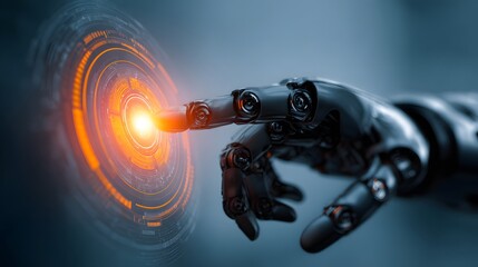 Robotic arm interacts with a glowing interface.