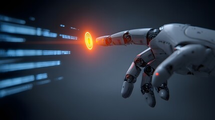 A mechanical hand interacts with digital code.