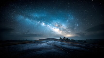 Majestic night sky over a flat, rocky landscape.