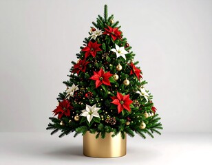 Fototapeta premium Christmas tree with poinsettia ornaments. 3D rendered