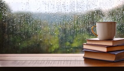 cozy coffee mug on stack of books by rainy window scene