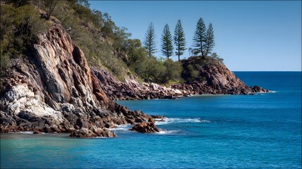 Coastal rocks and trees meet the vibrant blue ocean.