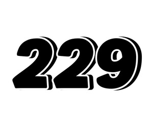 Black number 229 sign symbol on transparent background, with a bold, 3D appearance and shadow effects for added depth and dimension.