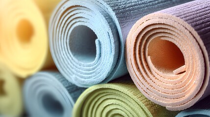 Rolled-up exercise mats in various pastel colors.