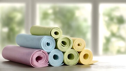 Rolled up exercise mats in pastel colors.