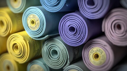 Rolled yoga mats in various colors stacked closely.