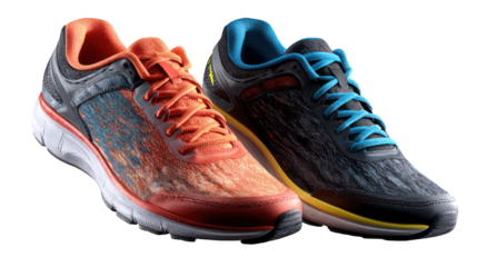 Isolated pair of running shoes angled sideways fitness sneakers on white background