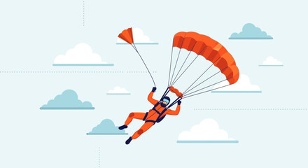Illustration of a skydiver with parachute against a light blue sky filled with clouds