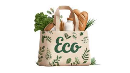 Isolated reusable shopping bag with groceries like bread and vegetables on white background