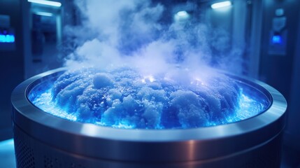 Metal Tank Filled with Ice and Vapor Emitting Blue Light