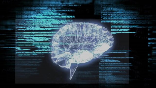 Blue code drifting, wireframe brain hologram panels, annotations flickering visualizing neural data