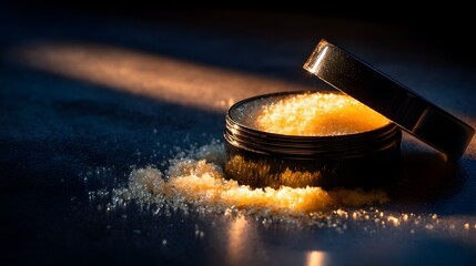 Close-up of a metal container holding crystalline substance.