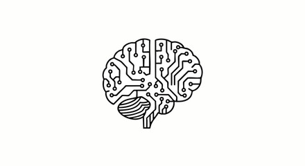 Minimalist black line art of a human brain stylized as a digital circuit board, representing artificial intelligence.