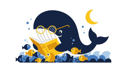Illustration of a whale reading a book with colorful fishes and a crescent moon background adorable design for children books