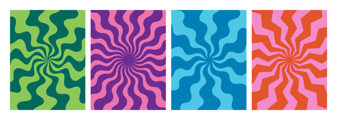 Swirl Spiral Psychedelic Patterns. Retro Vector Wavy Background. Abstract Groovy Wave Rays. Funky Swirl Burst