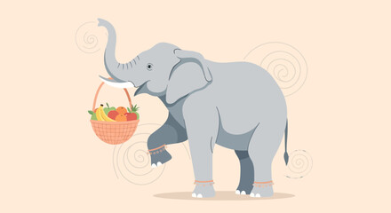 Naklejka premium Illustration of an elephant carrying a basket of fruits against a light background showing an elephant with a basket of fruit