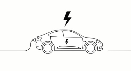 Minimalist continuous line art illustration of an electric car charging, featuring lightning bolt symbols.