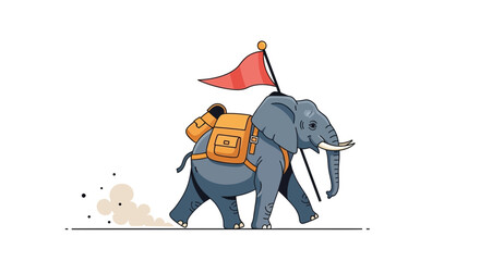 Illustration of an elephant with a backpack and flag on a white background for editorial use