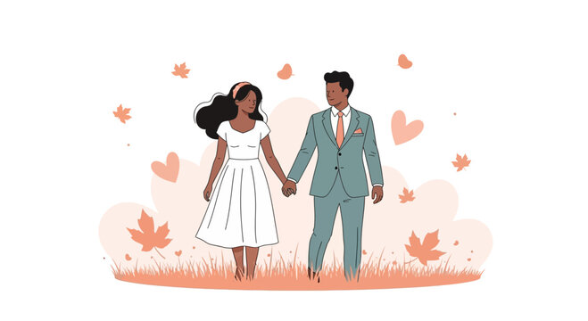 Illustration of an elegant couple holding hands amid falling leaves and hearts lovely autumn romance
