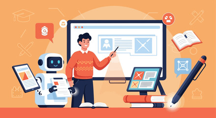 Illustration of an instructor teaching alongside a robot assistant in the digital classroom