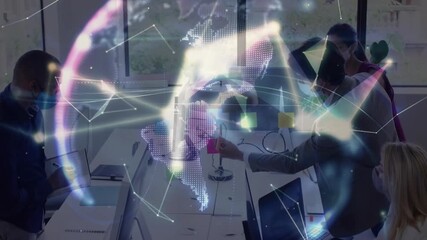 Masked team jotting ideas and placing notes on lamp showing business network lines forming 3D globe - Powered by Adobe