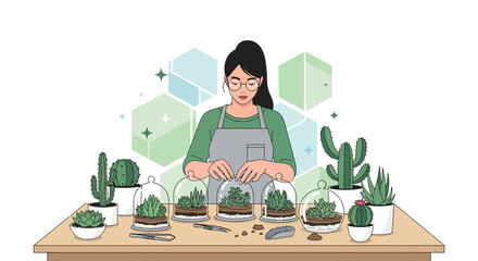 Illustration of a woman creating miniature terrariums with succulents and cacti plants
