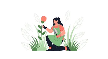 Illustration of a woman gardener pruning a flower with a knife in a minimalist style design, tending to her garden with care