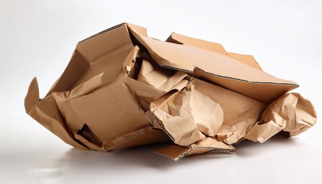 crumpled cardboard box rests on a white surface