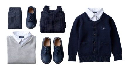 Kids shoes and school uniform folded neatly on white background