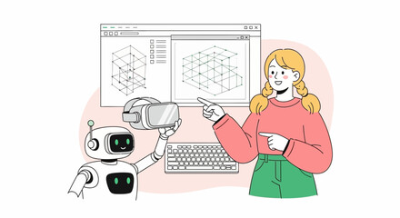 Illustration of a woman interacting with a robot using VR technology for design and engineering applications