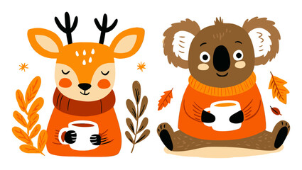 Fototapeta premium Cute Cartoon Animals Enjoying Warm Drinks in Autumn Setting