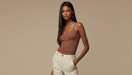 Obraz premium A poised woman with long dark hair, wearing a brown tank top and white pants, poses against a neutral background.