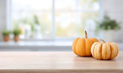 Pumpkins and a kitchen counter on a blurred background
