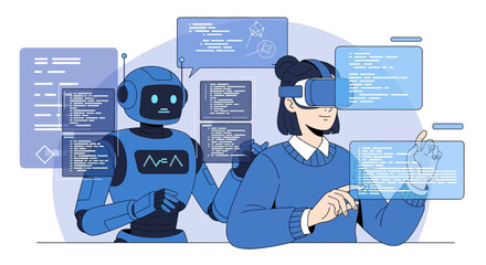 Illustration of a woman using VR glasses interacting with a robot on a digital interface