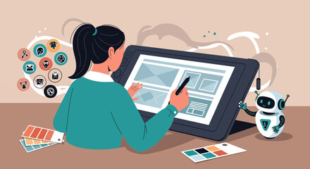 Illustration of a woman working on a graphic tablet with a robot assistant creating a website layout with digital art elements