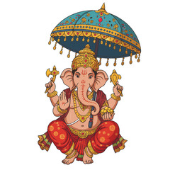 Illustration of Lord Ganesha sitting under a decorative umbrella celebrating Ganesh Chaturthi with traditional Indian attire and ornaments