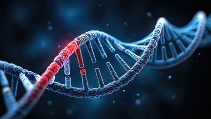 Detailed 3D Illustration of a Damaged DNA Double Helix with Red Highlights Indicating Genetic Mutation or Error Against a Dark Blue Backdrop
