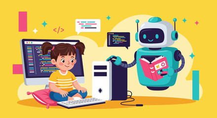 Illustration of a young girl coding with a friendly robot for educational purposes showcasing the future of technology and learning