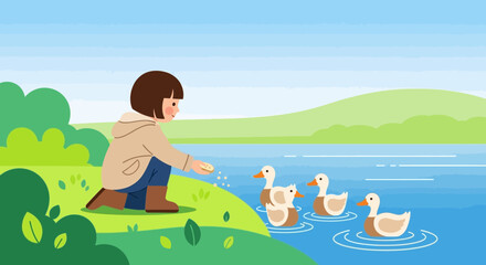 Illustration of a young girl feeding ducks by a serene lake surrounded by nature