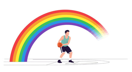 Illustrative basketball player practicing under rainbow arc for sports and diversity promotion representation