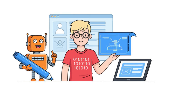 Illustration of a young programmer with robot assistant showcasing coding design skills and technological knowledge