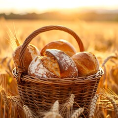 Basket of bread in golden wheat field (1)