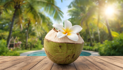 Coconut drink with white flower on a wooden table, with a blurred tropical background of palm trees and a swimming pool.