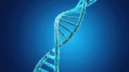 Detailed 3D Rendering of a Blue DNA Double Helix on a Gradient Blue Background, Representing Genetic Information and the Building Blocks of Life