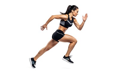 Female Runner Sprinting in Athletic Gear on White Background