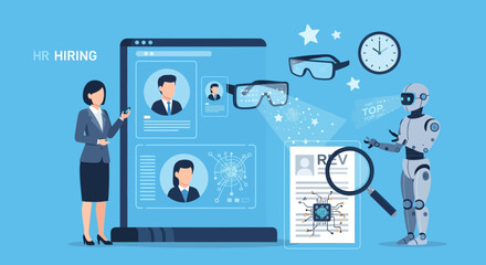 Illustrative depiction of artificial intelligence and human collaboration in HR recruitment and hiring processes