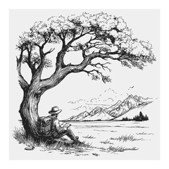 Obraz premium Scenic Hand-Drawn Engraving of Adventurer with Backpack by Tree